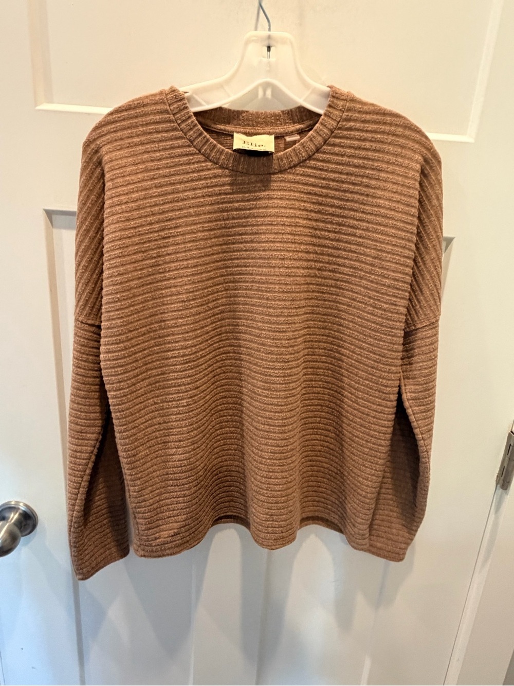 Elie Tahari Petite Small Ribbed Knit Pullover Sweater Taupe Brown Cozy Top